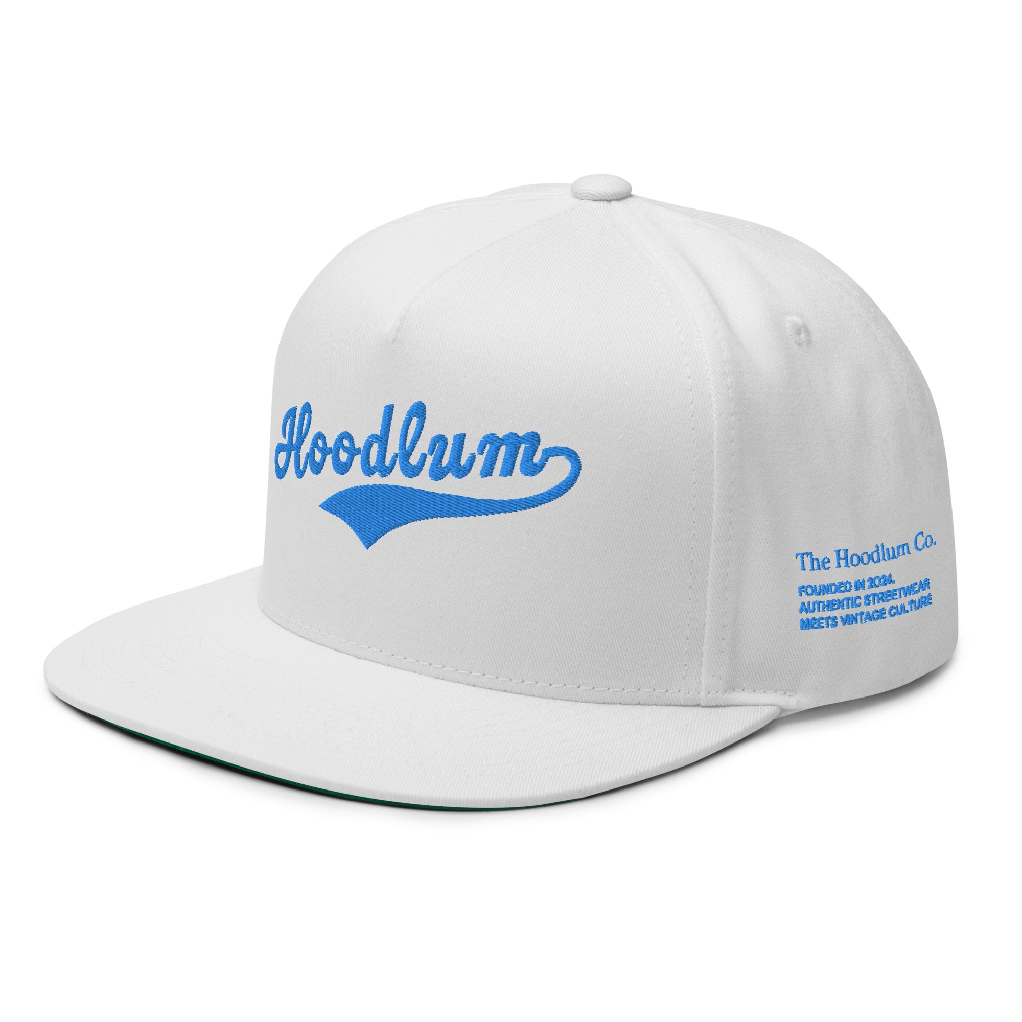 Flat Bill Baseball Cap: Heavy Hitters Edition - Blanco Blue Swash - The Hoodlum Co.