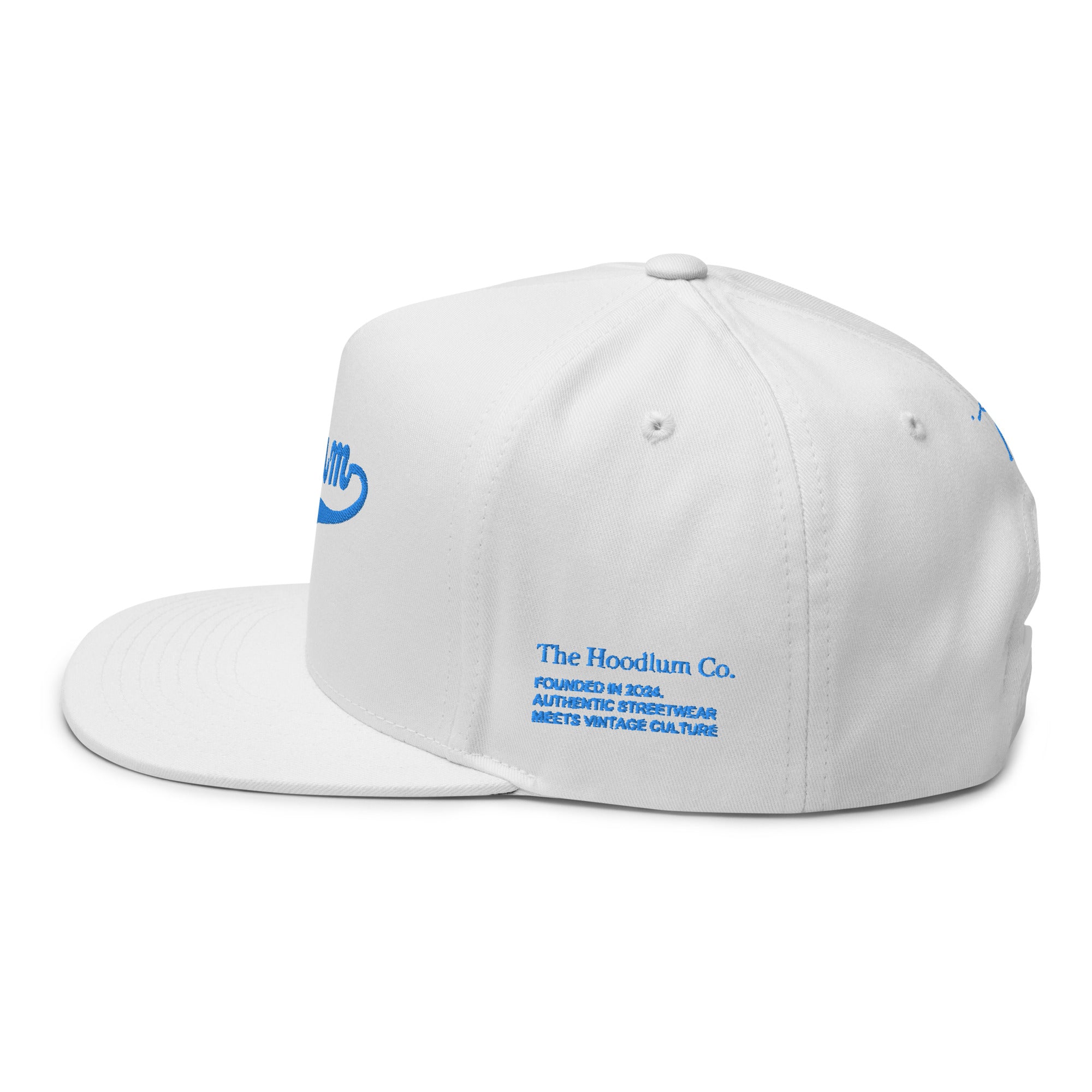 Flat Bill Baseball Cap: Heavy Hitters Edition - Blanco Blue Swash - The Hoodlum Co.